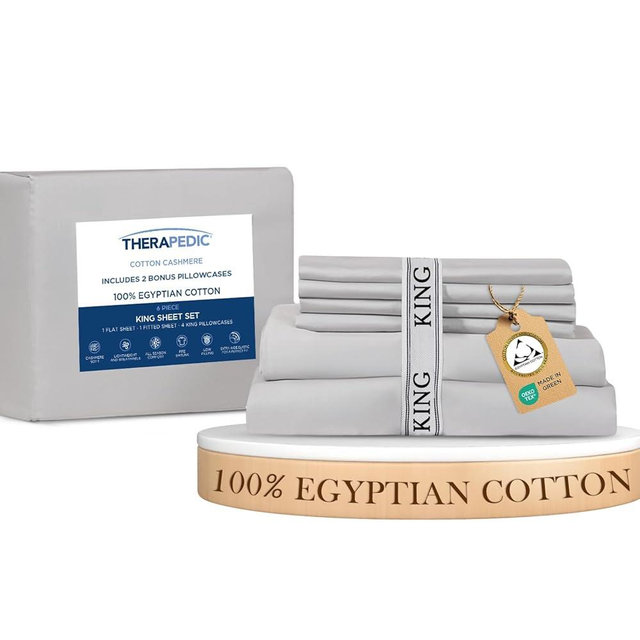 Therapedic 100% Egyptian Cotton King 6-Piece Sheet Set – Naturally Cooling & Breathable Sateen, Preshrunk Garment Wash, 16" Deep Pocket Fitted Sheet, Bonus Pillowcases, Soft & Durable - Dove