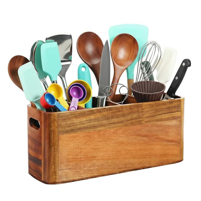 ZKMLMHJ Large Wooden Utensil Holder for Kitchen Countertop - 4 Compartment Acacia Wood Organizer & Utensil Caddy for Cooking Tools, Wall Mountable