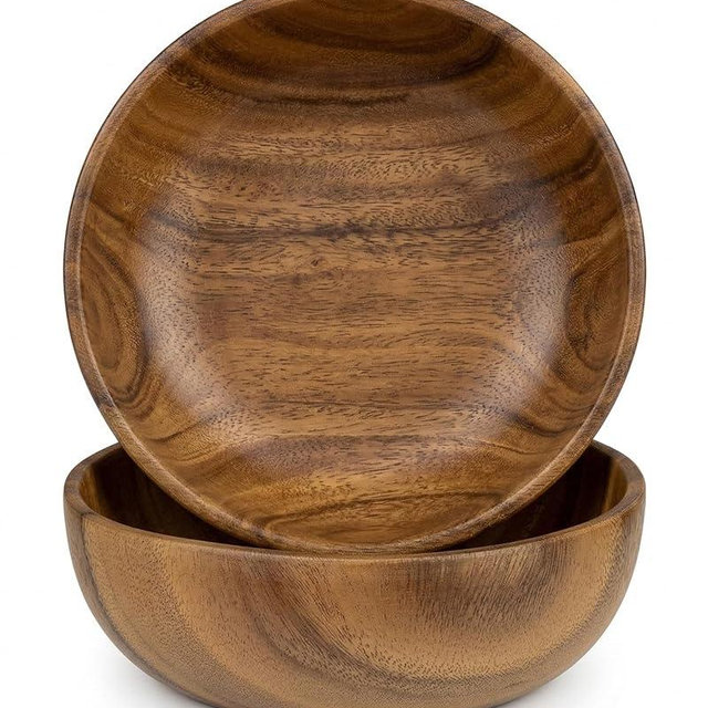 GleeNflux Acacia Wood Salad Bowl Set of 2, 8.6" Natural Solid Wood Serving Bowls, Handcrafted & Hand-Polished, Wooden Salad Bowls for Kitchen & Dining for Pasta, Yogurt, Fruit, Snacks & Gift