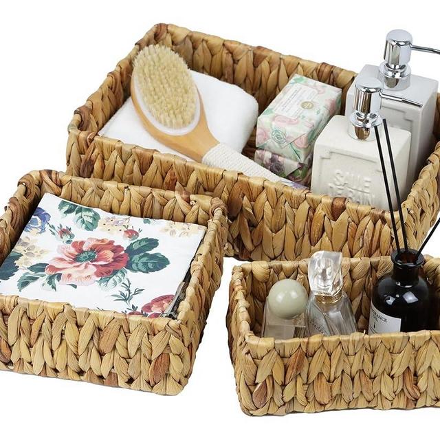 Wicker Baskets for Storage, Water Hyacinth Storage Baskets for Organizing, Woven Baskets for Shelves, Decorative Rattan Shelf Baskets for Pantry Bathroom, Set of 3 (Large, Medium, and Small)
