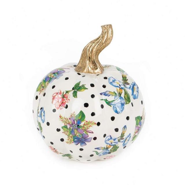 MacKenzie-Childs Flower Market Small White Decorative Pumpkin for Fall Decor, Autumn Decorations for Home
