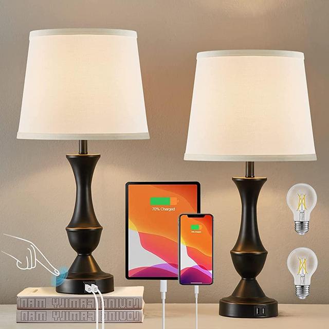Lamps for Living Room Set of 2, Touch Bedside Lamps for Bedrooms with USB Ports, 3-Way Dimmable White Nightstand lamp with Premium Linen Fabric Lampshade, Bed lamp for Reading, Office, Bulbs Included