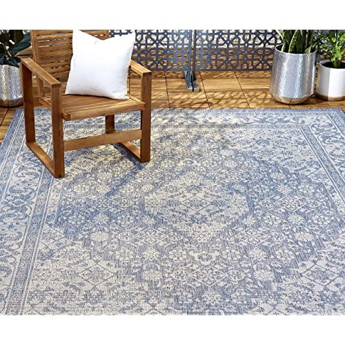 Home Dynamix Nicole Miller Patio Country Dahlia Indoor/Outdoor Area Rug 7'9"x10'2", Traditional Medallion Blue/Gray