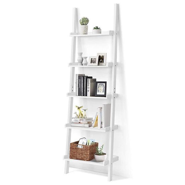 Tangkula 5-Tier Ladder Shelf, Wall-Leaning Bookshelf w/ Open Shelves, Sloping Plant Flower Stand, Storage Display Organizer Rack, Multifunctional Bookcase for Living Room, Home & Office (White)