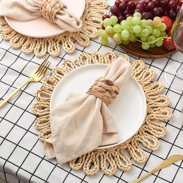 IcosaMro Round Woven Placemats for Dining Table Set of 6 Small Natural Braided Rattan Tablemat Flower Wicker Charger Plates for Holiday Christmas Kitchen Table Mat, Beige, 12.5 Inches