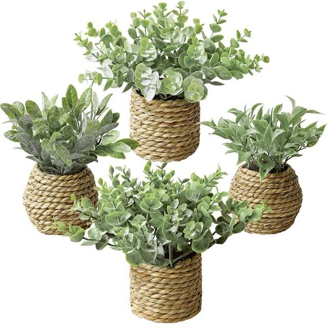 Small Fake Potted Plants: 7 Inches Artificial Plants with Seagrass Handwoven Planters, Indoor Farmhouse Decorations, Eucalyptus Plant for Home Bathroom Office Shelf Tabletop Desk Room Decor or Gift
