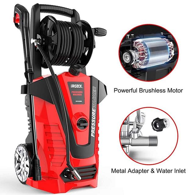 iRozce Pressure Washers, 3045PSI 2.2GPM Max Electric Power Washer with On-board Hose Reel, Metal Adapter, Adjustable Nozzle, Build-in Detergent Tank for Driveway, Cars washing, Red