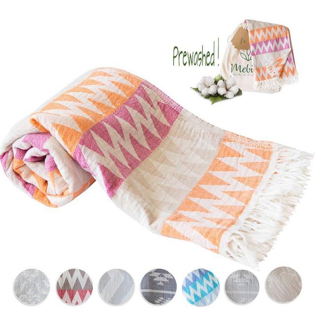 Mebien Turkish Beach Bath Towel Peshtemal-Luxury Prewashed Cotton Blanket Gypsy Orange 33x66inches