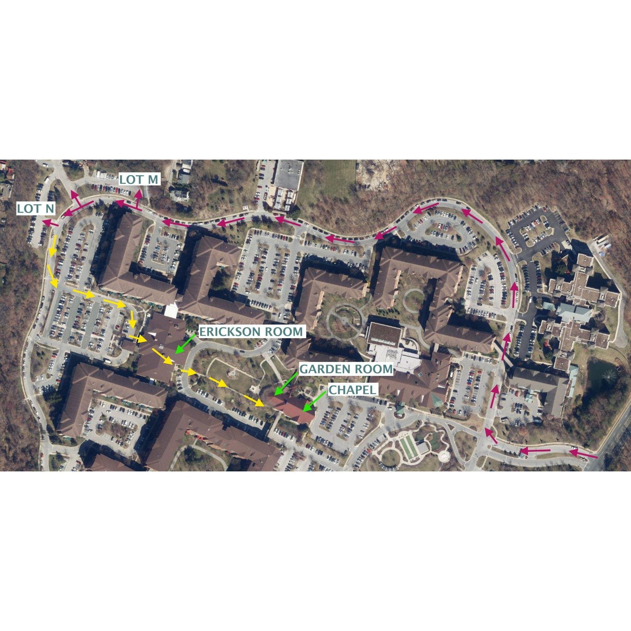 Aerial of campus. Drive raspberry arrows, walk yellow arrows. Limited handicap accessible parking is available in the Chapel lot.