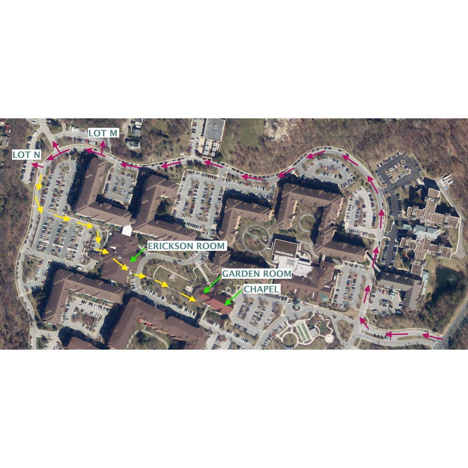 Aerial of campus. Drive raspberry arrows, walk yellow arrows. Limited handicap accessible parking is available in the Chapel lot.