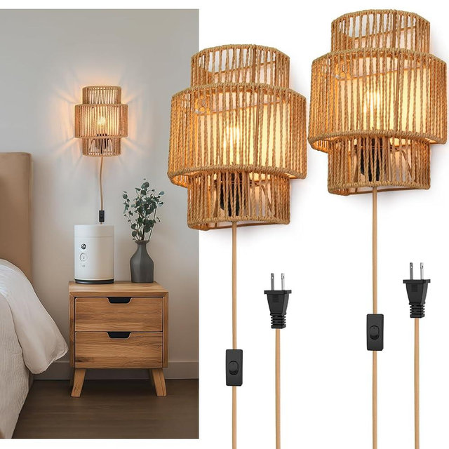 AKEETO Plug-in Wall Sconces Set of 2, Handwoven Bohemian Wall Decor with Switch, Wall Lights Fixtures for Bedroom Living Room Hallway Porch