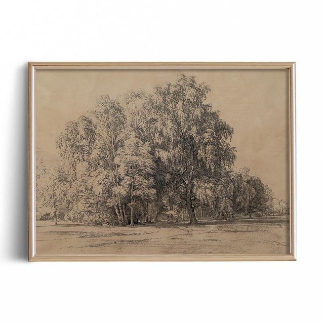 Forest Trees Beige Print Poster - Landscape Moody Drawing Etching Rustic Gray Picture - Vintage Farmhouse Muted Wall Art - Grey Neutral Sketch - Minimalist Mid Century French Country Line Room Decor