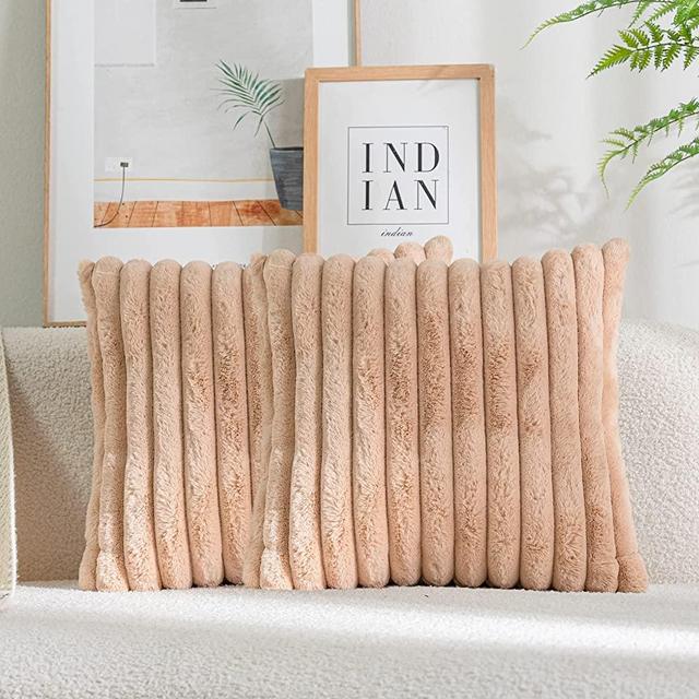 DEELAND Pack of 2 Faux Fur Plush Decorative Throw Pillow Covers Fuzzy Striped Soft Pillowcase Cushion Covers for Sofa Couch Bedroom 18x18 inch