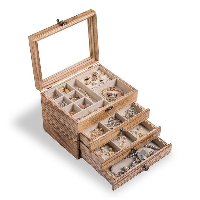 Frebeauty Wooden Jewelry Box 4 Layer Vintage Jewelry Organizer with Clear Lid Rustic Wood Jewelry Holder Jewelry Case for Rings Bracelets Brooches Jewelry Storage (Mild Carbonization)