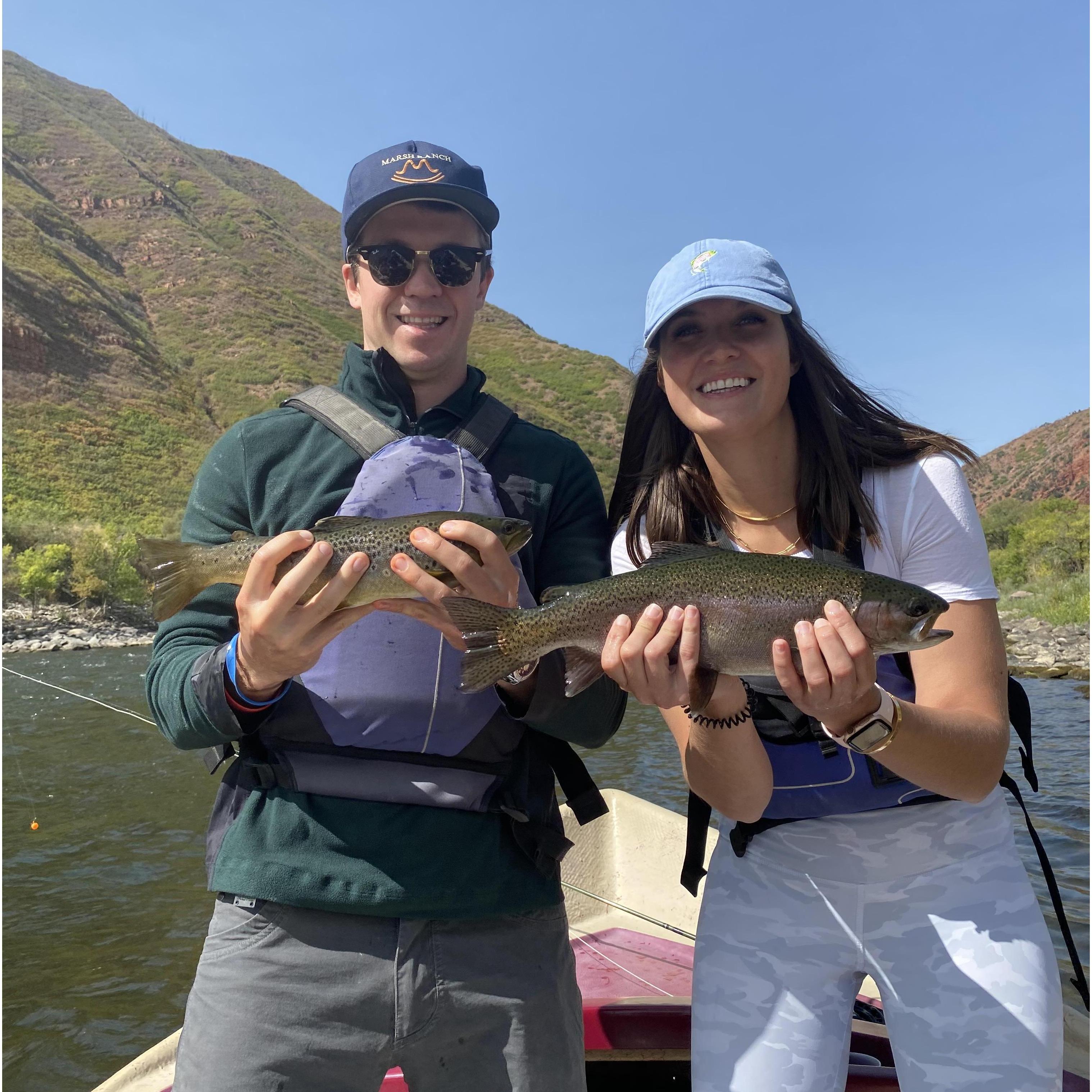We share our love of fishing together. This was when we were on a float trip in Colorado and both caught a trout.