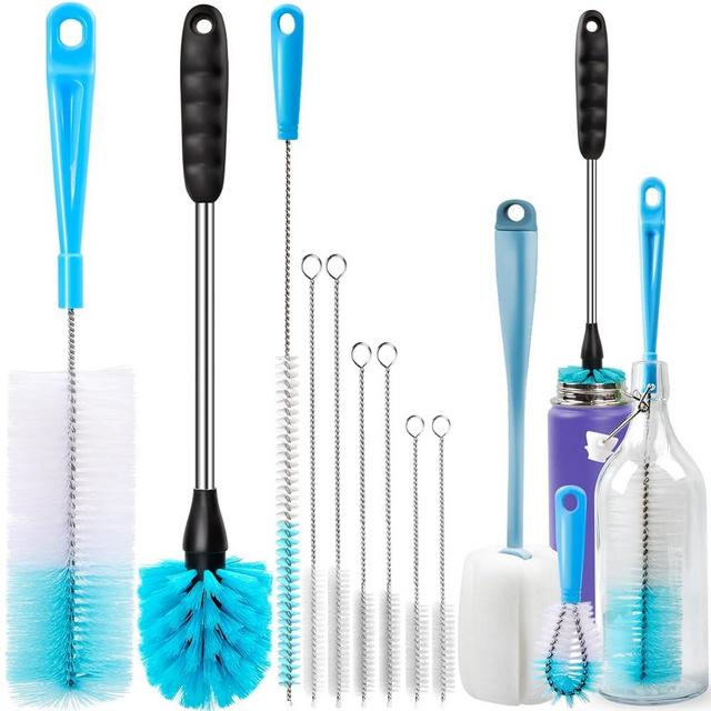 Holikme Bottle Brush Tube Cleaning Set with Long Handle, Cup Cleaner for Washing Narrow Neck Beer Wine Decanter Pipes Lids Sinks Cap Covers, Azul