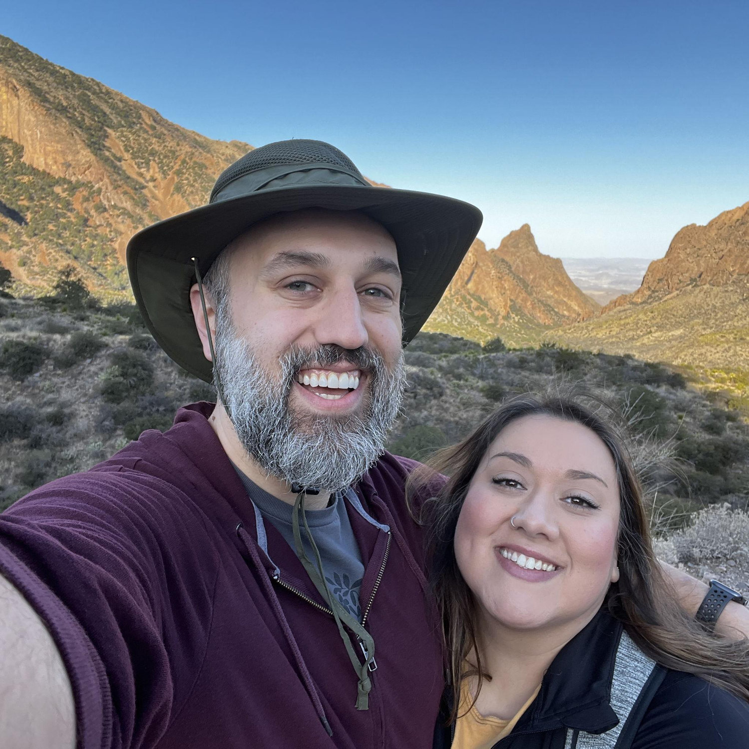 Beginning our hike to "The Window" at Big Bend National Park in 2022. We were staying in Marfa, so we woke up around 3am to watch the sun rise. Alyssa forgot her inhaler. Andrew took good care of her.