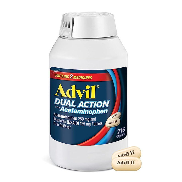 Advil Dual Action Coated Caplets - 216 Count Pain Relief Pills with 500mg Acetaminophen & 250mg Ibuprofen Per Dose for 8-Hour of Headache Relief and More