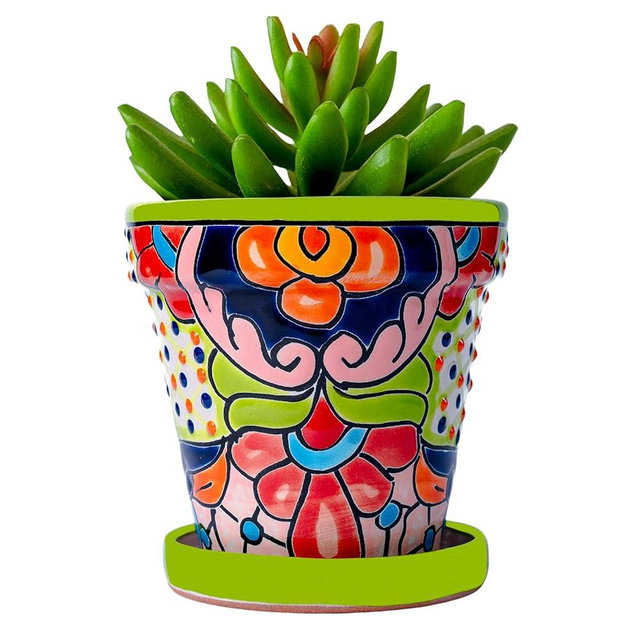 COBAZUL Mexican Pottery Planters - Talavera Planter - Succulent Pots - Ceramic Pots for Plants Indoor & Outdoor with Drainage Hole and Saucer - 4'' W x 4" H (Green-Small)