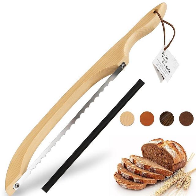 indirewash 16.5” Bread slicer for Homemade Bread, Serrated Bread Knife for homemade bread with Bow Design, Premium Bread Knife, Bread Slicer, Bread Cutter for Bagels, Baguettes, Natural Wood Color