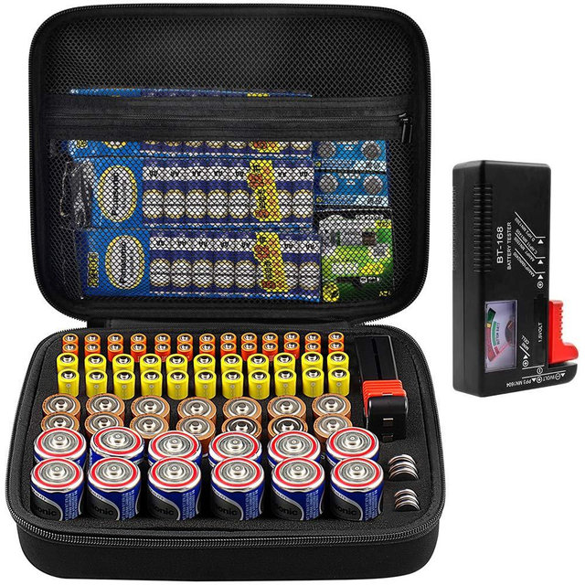 COMECASE Hard Battery Organizer Storage Box Carrying Case Bag - Holds 80 Batteries AA AAA C D - - with Battery Tester BT-168