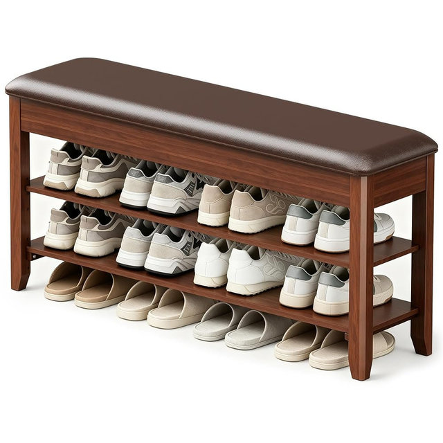 LBT Solid Wood Entryway Shoe Bench with Storage, Adjustable 2-Tier Shoe Rack, Flip-Top Hidden Compartment, Padded Leather Seat, Heavy-Duty 550 lb Capacity for Entryway, Mudroom, Closet 31.5 inch