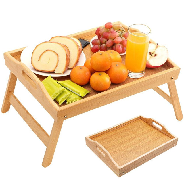 TOPULORS Bamboo Bed Tray with Folding Legs – 15.7x11.8 Inch Portable Breakfast Table for Bed, Laptop & Tablet Stand, Foldable Snack Tray with Handles for Recliner, Eating, Working, & Serving