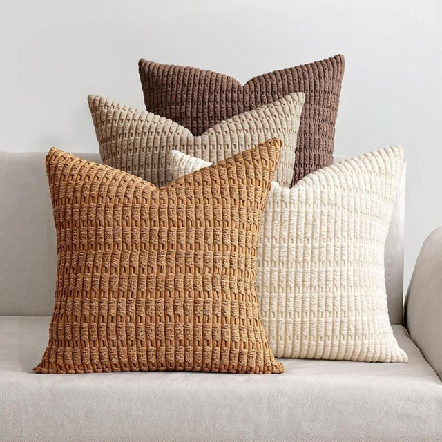 MIULEE Pack of 4 Neutral Corduroy Decorative Throw Pillow Covers 18x18 Inch for Sofa Living Room Couch Bed Rustic Farmhouse Boho Soft Striped Pillow Covers Home Decor Brown