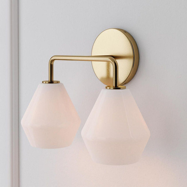 Sculptural 2-Light Sconce, Geo Mini, Milk, Antique Brass, 6.5"