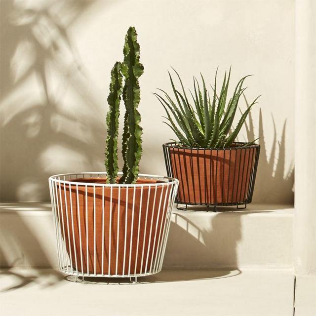 wire and terracotta planters