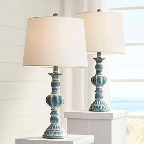 Tanya Traditional Table Lamps Set of 2 Blue Washed Tapered Drum Shade for Living Room Bedroom Bedside Nightstand Office Family - Regency Hill