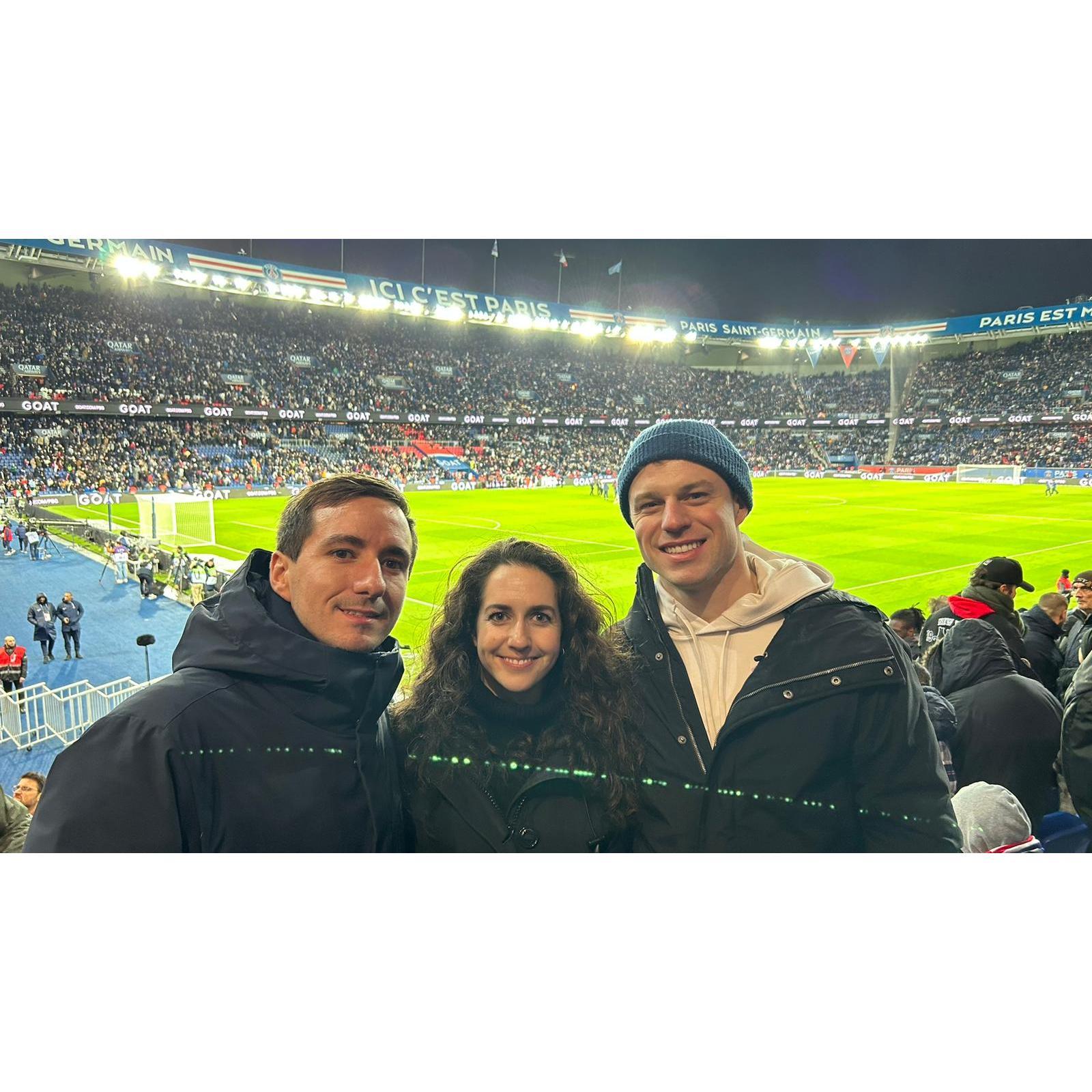 Sophie & Dan, with Sophie's cousin Alex at a PSG game in Paris