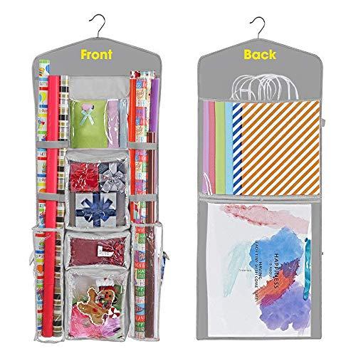 ProPik Hanging Double Sided Wrapping Paper Storage Organizer with Multiple Pockets Organize Your Gift Wrap, Gift Bags Bows Ribbons 40"X17"Fits 40 Inch Rolls Red White and Clear PVC Bag (Grey)