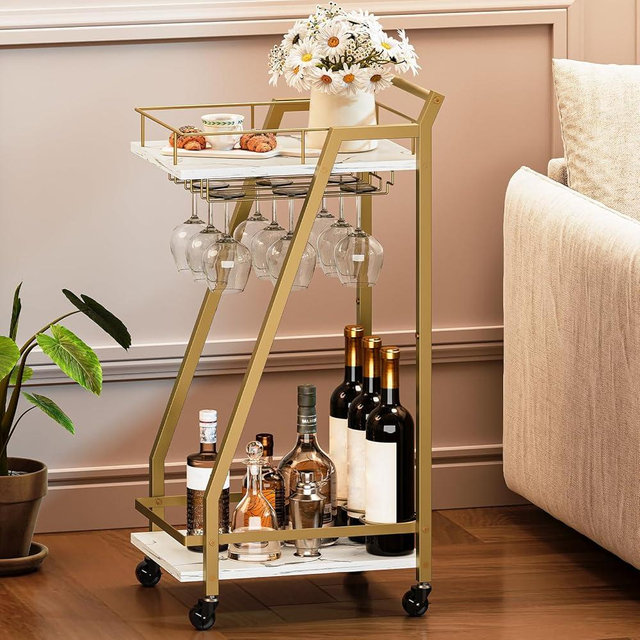 HOOBRO Bar Cart Gold, Home Bar Serving Cart, Kitchen Cart, Rolling Beverage Cart & Wine Rack and Glass Holder 2 Storage Shelves, Cocktail Cart for Home Dining Party, Gold and Marble White DM27TC01