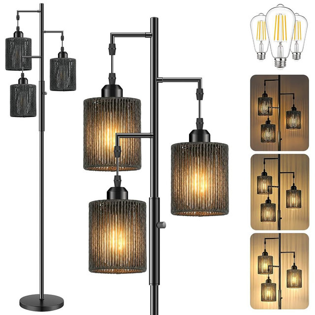 Hotsonic 72" Tall Boho Rattan Style Floor Lamp with Hand-Woven Paper Cord Shade, Dimmable Industrial Tree Standing Lamp for Living Room, Bedroom, Study Room, Office (3 x 800LM Bulbs Included) - Black