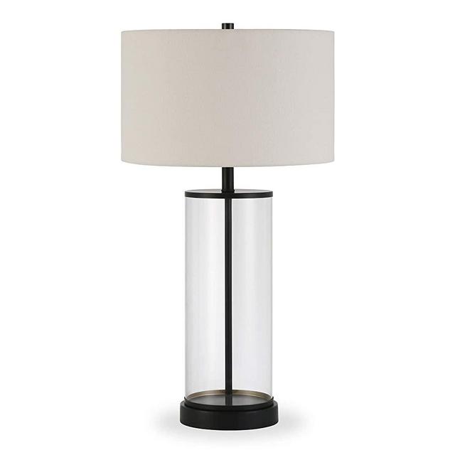 Henn&Hart TL0122 Mid-Century Modern Blackened Bronze Metal and Glass Table with White Linen Shade, for Nightstand, Bedroom, Living Room, Office, Study Lamp, Black