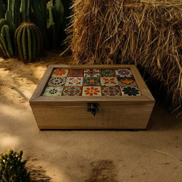 Handmade Wooden Tea Box with Colorful Ceramic Tile Pattern-Vintage Trinket Storage-Keepsake Box-Rustic Gift for Her-birthday gift