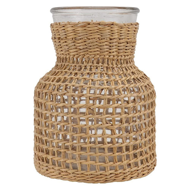 Cabilock Decorative Glass Bottle Rattan Vase Flower Bud Vases with Rattan Weaving Bottle Holder Apothecary Jars Decorative Glass Bottle for Home Balcony Garden Decor M