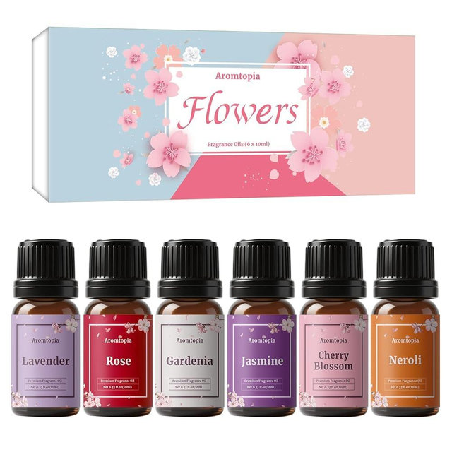 Floral Fragrance Oils for Candle Soap Making Scents, Aromtopia Flowers Essential Diffuser Oils Set 6x10ml, Lavender, Rose, Cherry Blossom, Gardenia, Jasmine, Neroli