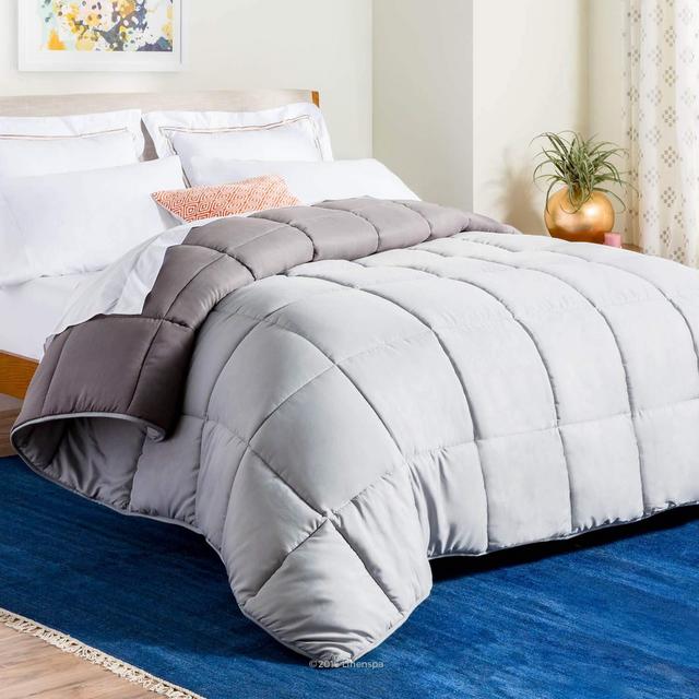 LINENSPA All Season Hypoallergenic Down Alternative Microfiber Comforter, Oversized Queen, Stone/Charcoal