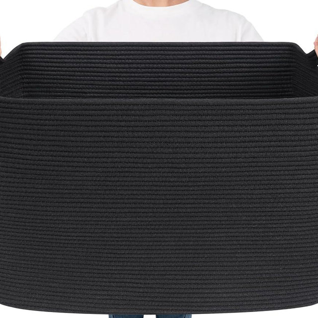 Goodpick Large Woven Storage Basket, 105L Extra Large Blanket Basket for Living Room, Bedroom, Rectangle Cotton Rope Organizer for Toy Storage, 25”x16”x16”, Black