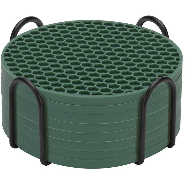 TWTLi Silicone Coasters Set of 8 with Holder,Coasters for Drinks,Beer,Coffee Coasters,Suitable for Kinds Cups,Hot or Cold,Anti-SLI,Non-Stick,Anti-Overflow Tabletop Protection and Decor (8 Pcs, Green)