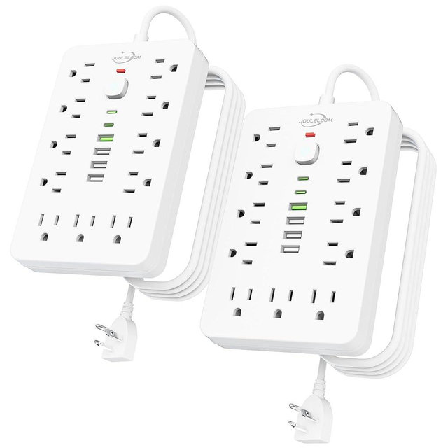JouleLoom 2 Pack 6 FT Flat Plug Surge Protector Power Strip,11 Multiple AC Outlets with 6 USB Ports (2 USB C), 6 Feet Extension Cord, 1250W/10A, One Touch Switch Button, 17 in 1 Compact powerstrip