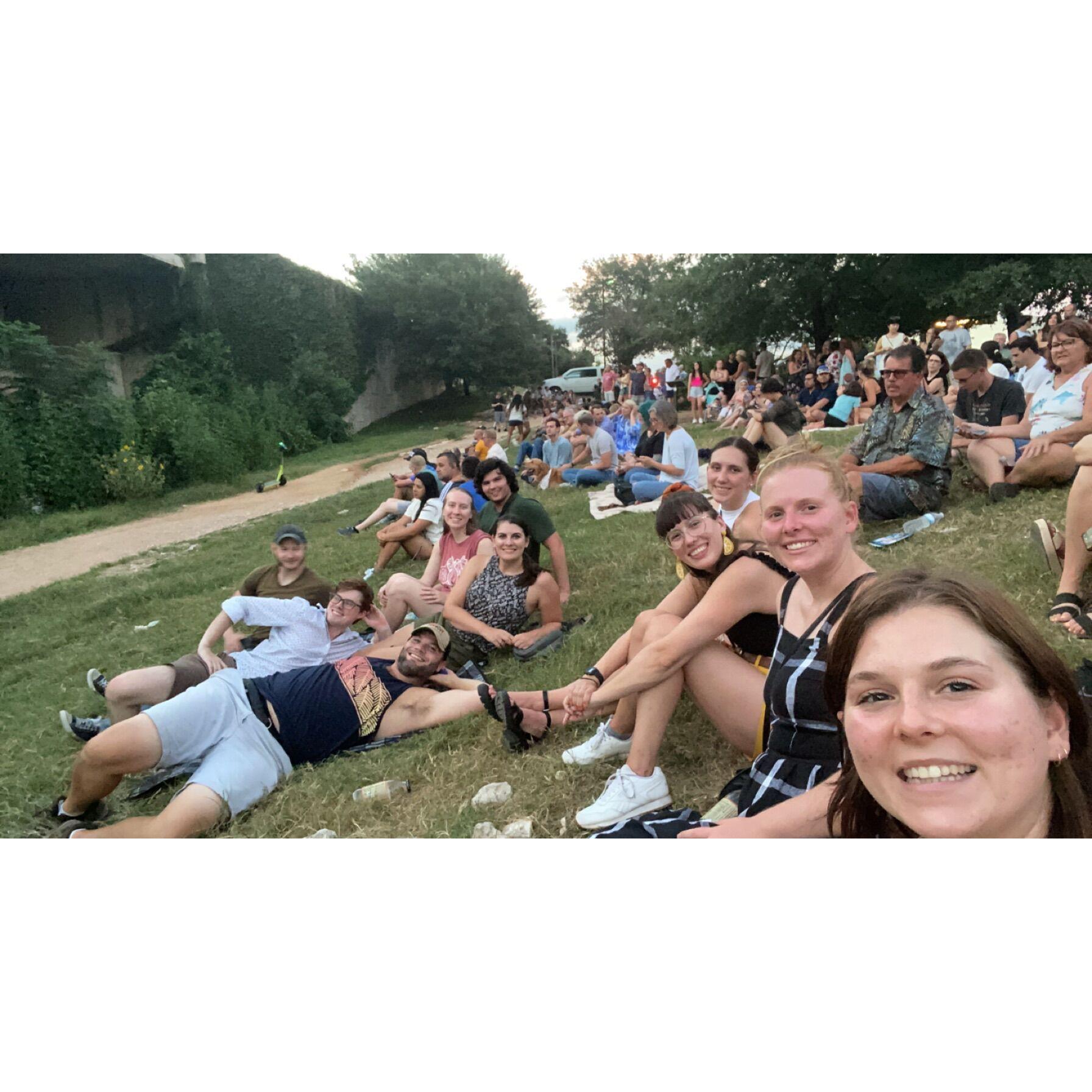 Under South Congress bridge, waiting for sunset to watch bats / With our friends, Erin's sister Sara, and Keith's cousins Maggie and Sarah