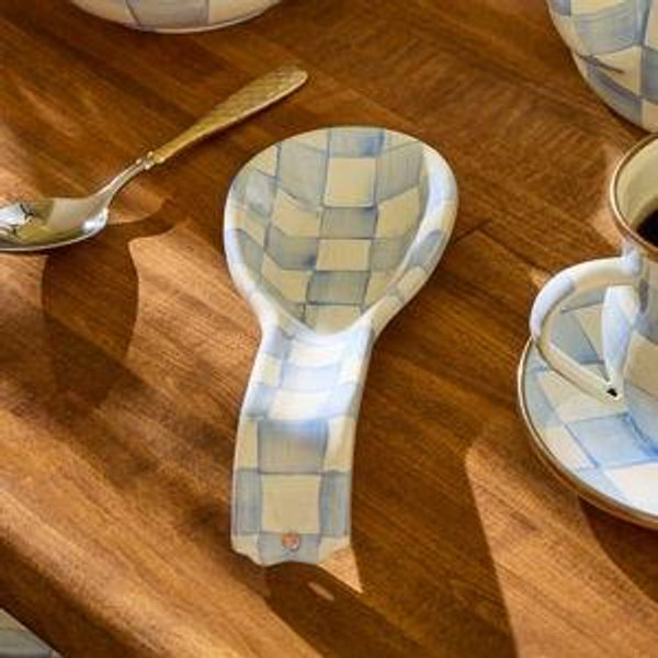 MACKENZIE-CHILDS Enamel Spoon Rest, Kitchen Utensil Rest and Spoon Holder, Kitchen Decor, Light-Blue-and-White Sky Check