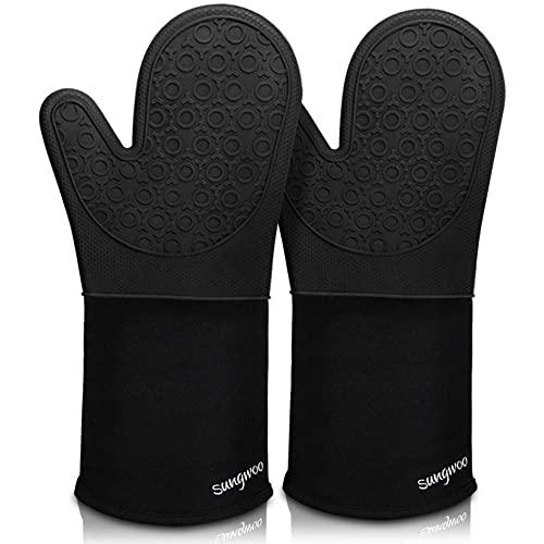 Sungwoo Extra Long Silicone Oven Mitts, Durable Heat Resistant Oven Gloves with Quilted Liner Non-Slip Textured Grip Perfect for BBQ, Baking, Cooking and Grilling - 1 Pair 14.6 Inch Black