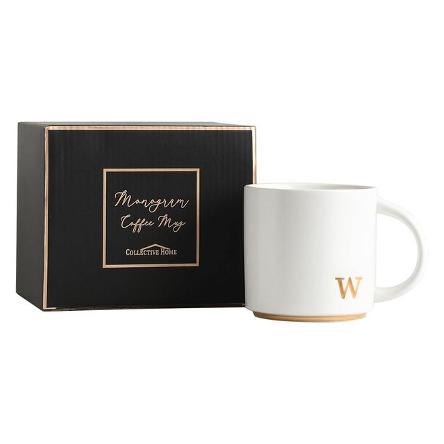 COLLECTIVE HOME - Monogram Ceramic Mugs, 15 oz Golden Initial Coffee Cups, Elegant Alphabet Tea Mugs, Elegant Personalized Mug with Gift Box, Luxurious Cups for Office and Home (w)