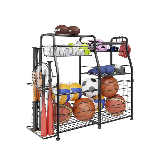 LUMAMU Garage Sports Equipment Organizer with Wheels - Ball Storage Rack with Elastic Rope or Wire Mesh,Garage Organizer System,Indoor/Outdoor Sports Rack for Sports Gear and Toys Storage,Black