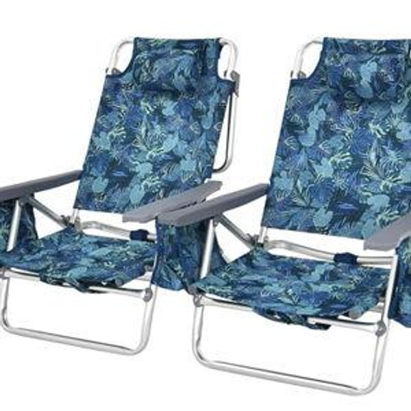 Tangkula Set of 2 Backpack Beach Chair, 5-Position Lay Flat Beach Chairs with Cooler Bag, 2 Cup Holders, Towel Bar, Lightweight Folding Beach Chair with Backpack Straps