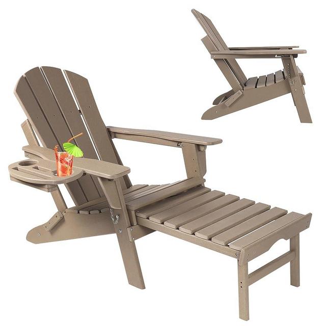 NAVINE Adjustable Backrest Adirondack Chair,Folding Adirondack Chairs,Plastic Adirondack Chairs with Ottoman with 4 in 1 Cup Holder Trays for Deck, Terrace, Patio, Poolside.（Brown）